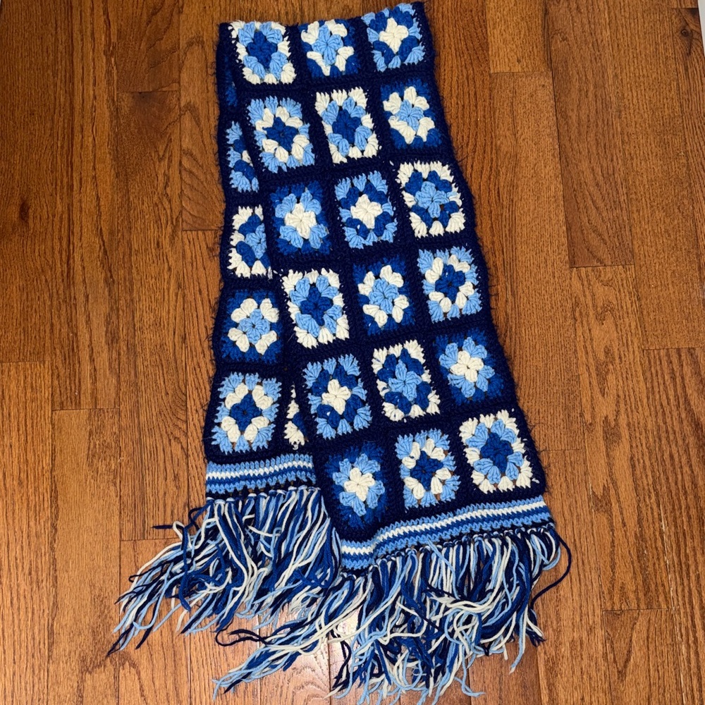 Vintage Crochet Granny Square Wool Scarf, Knit Winter Accessory